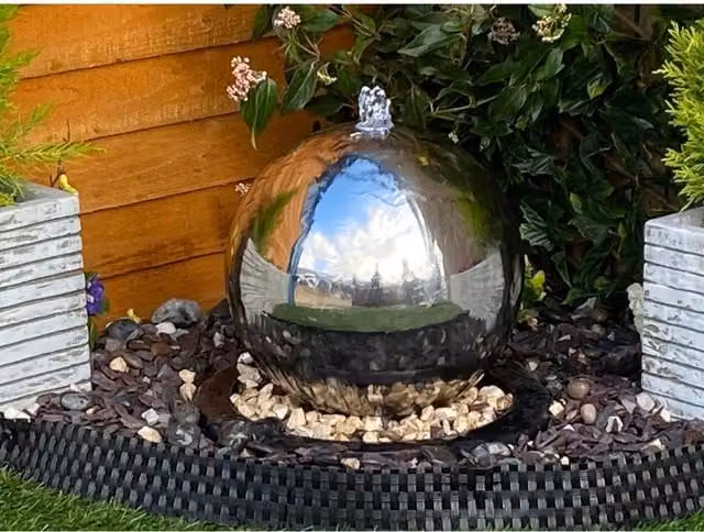 Tranquillity Water Features Grey Stainless Steel Sphere Solar Powered Modern Metal Garden Fountain, Diameter: 40 cm