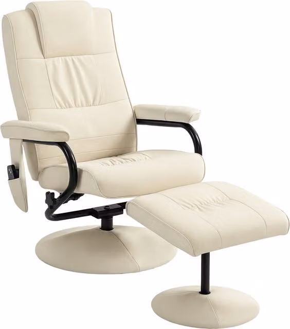 HOMCOM Swivel Recliner Chair and Footstool Set in Cream White Faux Leather with Remote Control and 360 Degree Rotation
