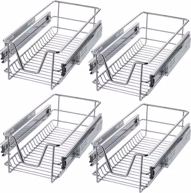 TECTAKE 4 Grey Metal Sliding Wire Baskets with Drawer Slides, 30 cm