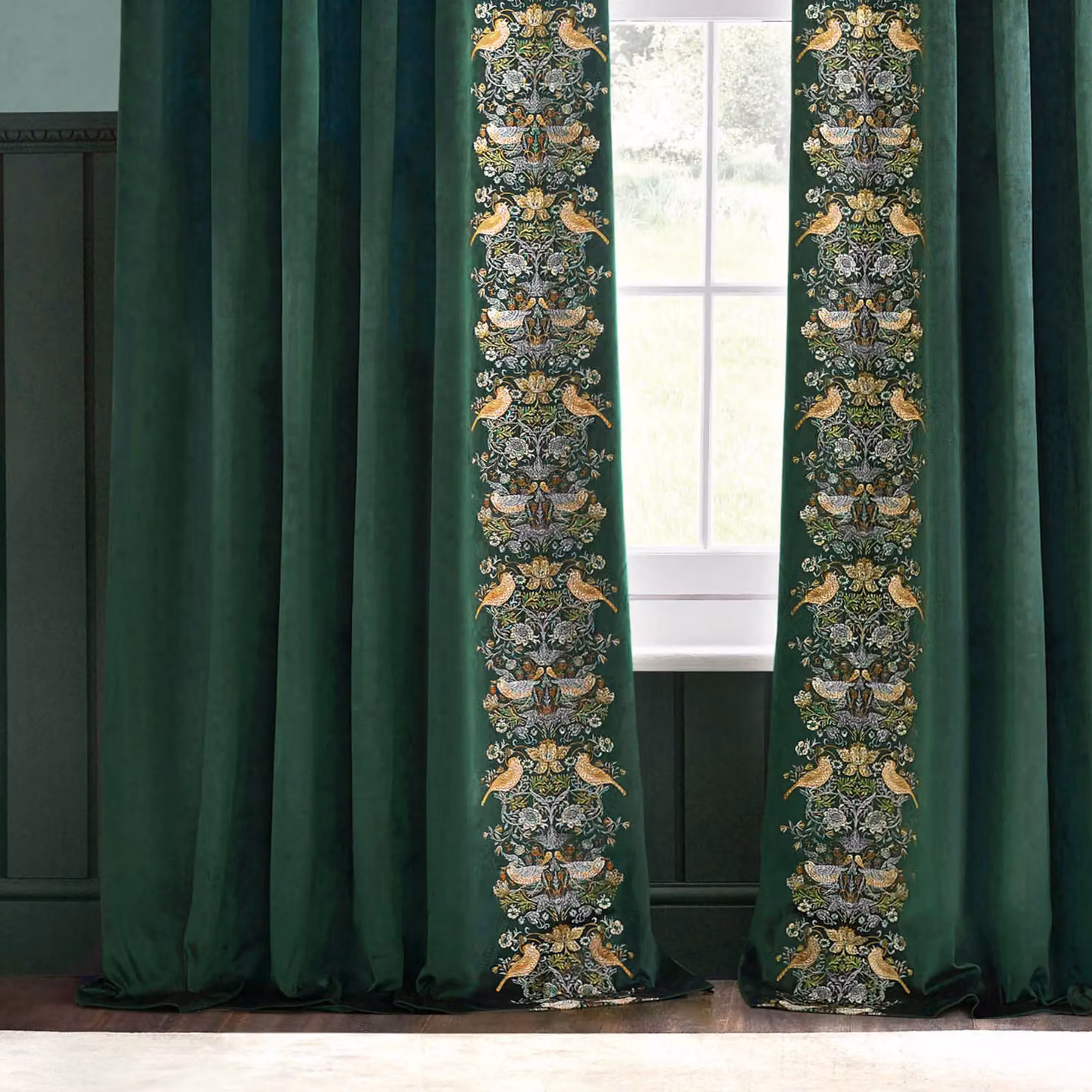 Morris & Co. Strawberry Thief Embroidered Velvet Pencil Pleat Curtains, Green, Width: 168 cm, Drop: 229 cm – 3