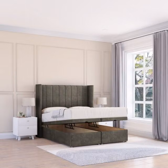Sloomy Falcon Dumfries Grey Fabric Upholstered Ottoman Bed with Hybrid Memory Mattress and Winged Headboard, Super King, W/D/H: 200 x 200 cm