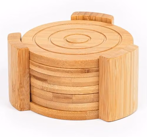 MantraRaj Set of 6 Round Handmade Bamboo Wood Drink Coasters with Holder in Brown – 1