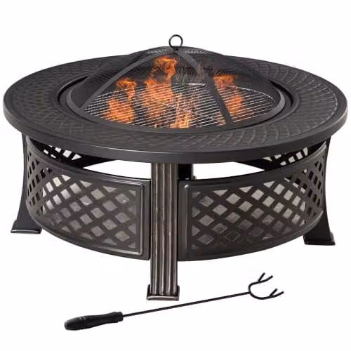Outsunny Bronze Tone Round Steel Outdoor Fire Pit with Grill Net and Poker, Diameter: 81 cm