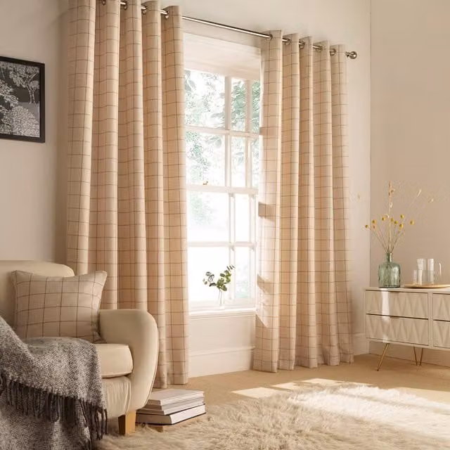Make It A Home Ellis Check Room Darkening Eyelet Curtain Pair - Beige and Yellow, W: 137 cm, H: 229 cm