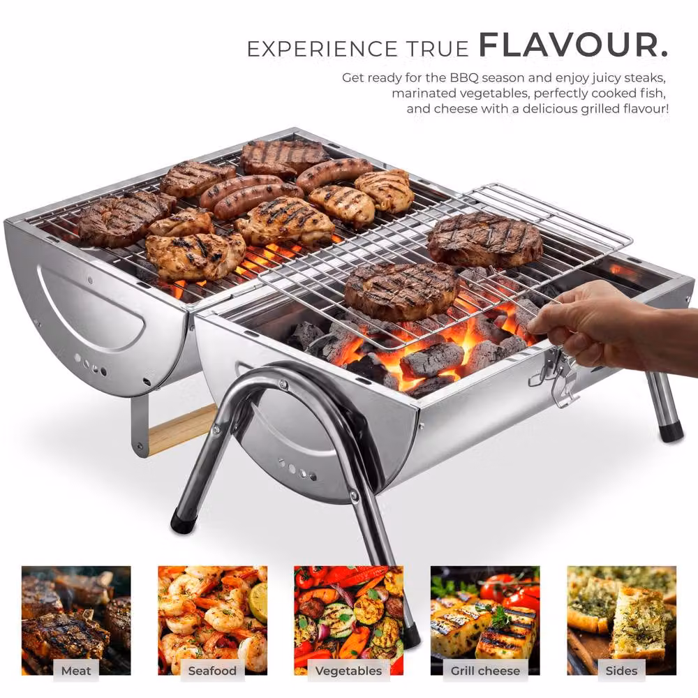 tectake Stainless Steel Charcoal Grill in Silver with 2 Cooking Surfaces and 2 Charcoal Trays, W/D/H: 44.0 x 42.0 x 30.5 cm – 7