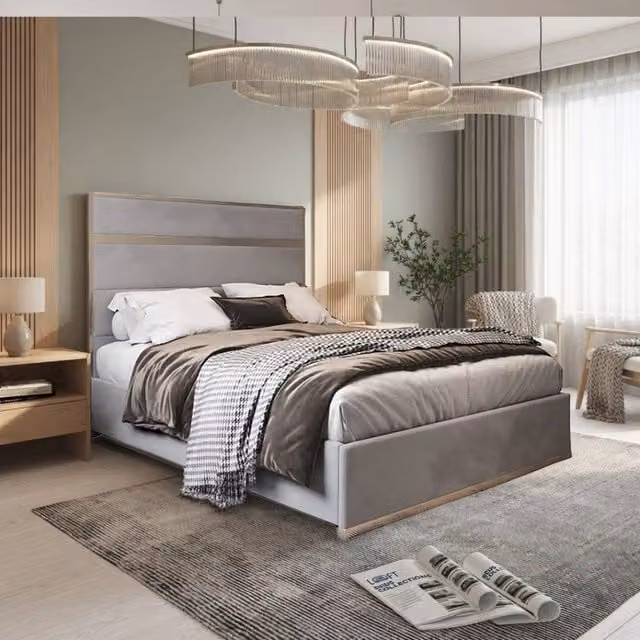 KDMD Horringer Double Designer Bed Frame in Grey Soft Velvet and Metal – 1