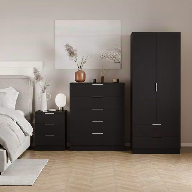 Vida Designs Trega 3-Piece Black Bedroom Set Including Wardrobe, 5-Drawer Chest and 3 Bedside Tables