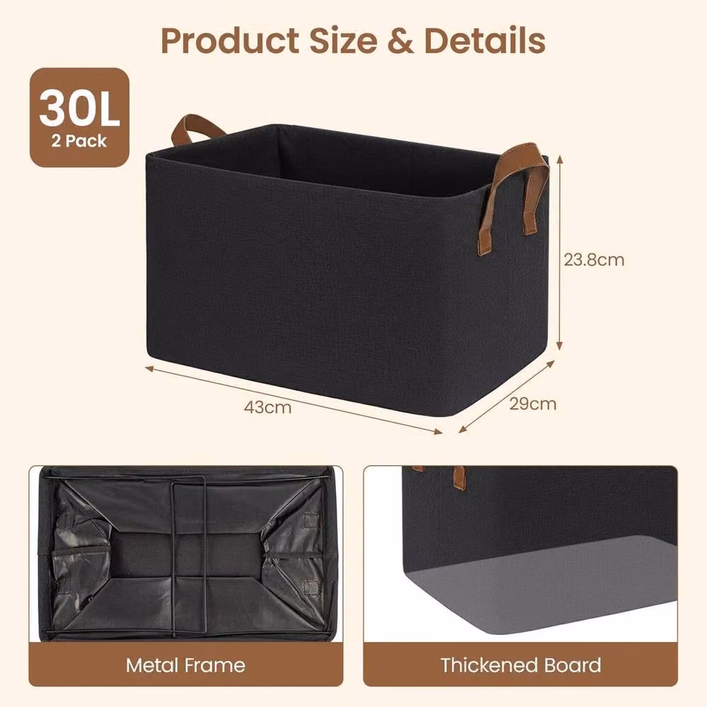 Kelvenix Black Fabric Storage Bins with Handles, W/D/H: 29.0 x 43.0 x 20.0 cm – 2
