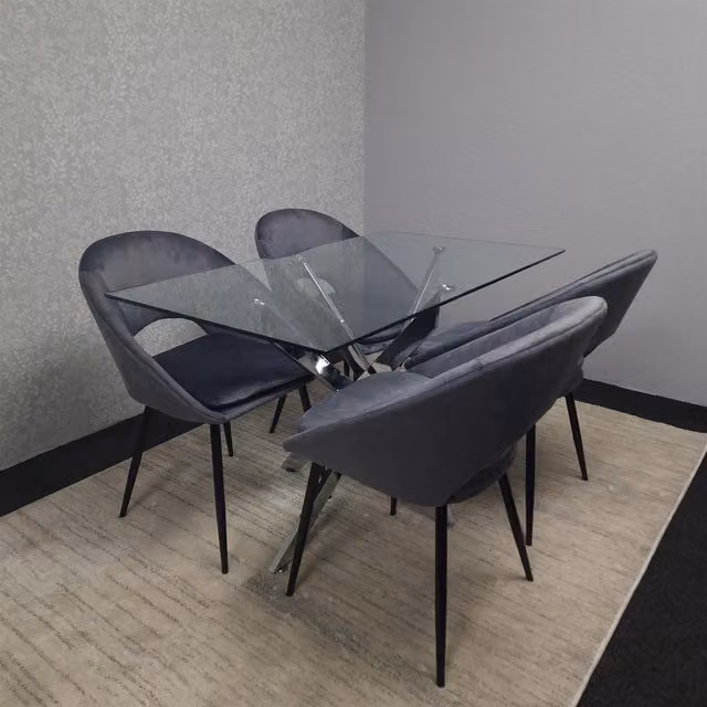 Kosy Koala Modern Rectangular Glass Dining Table with 4 Grey Velvet Chairs
