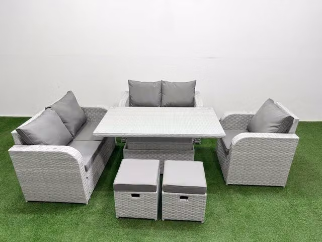Fimous Grey Poly Rattan Garden Furniture Set with High Back Reclining Chair, 2 Seater Sofa, and Adjustable Coffee Table