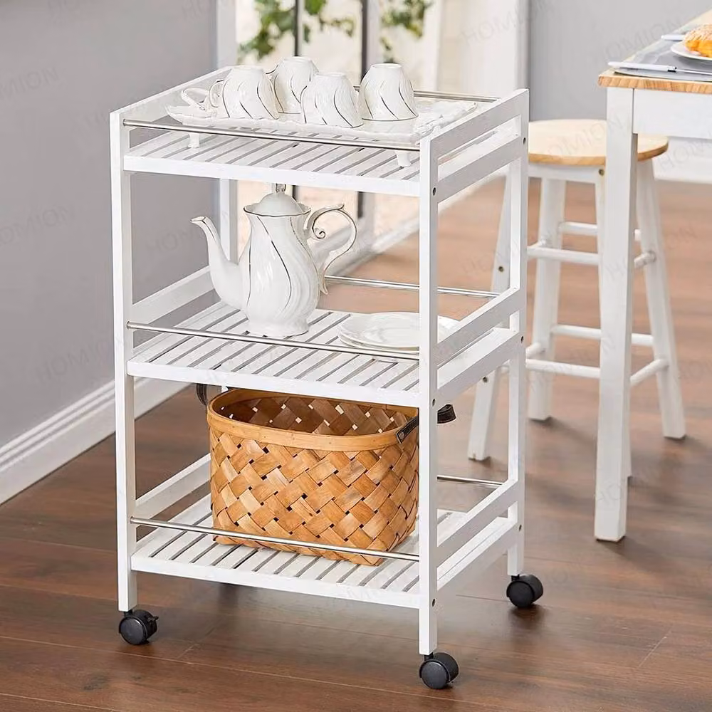 PAWNORA 3 Tier Wooden Kitchen Serving Trolley with Steel Bars and Castors in White – 4