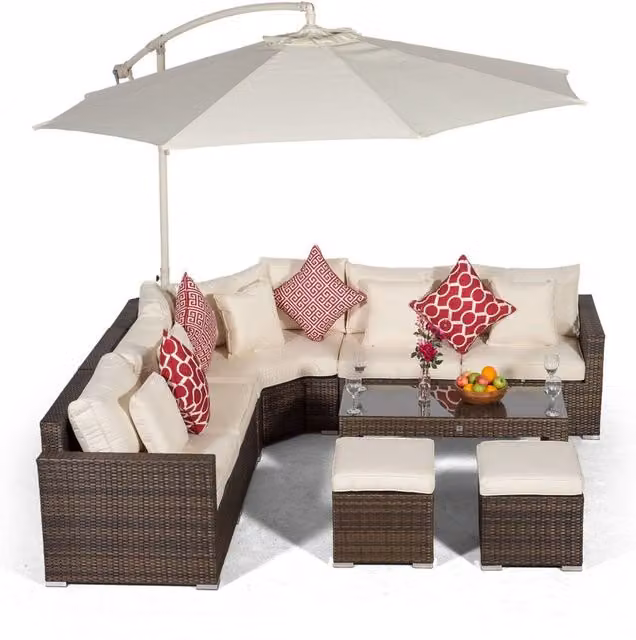 Giardino Santorini 5 Seat Rattan Corner Sofa Set with Large Coffee Table and 2 Stools, Brown and Grey