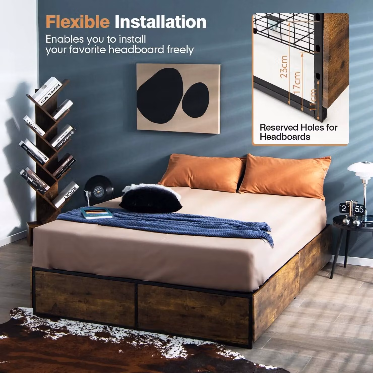 Costway Metal Iron Bed Frame Platform Bed Base with 4 Drawers in Amber Brown, W/D/H: 120 x 190 cm – 5