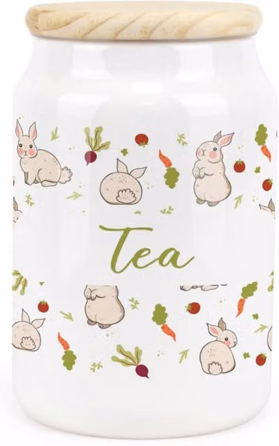 Purely Home Allotment Rabbits Floral Ceramic Tea Storage Canister in Green and White