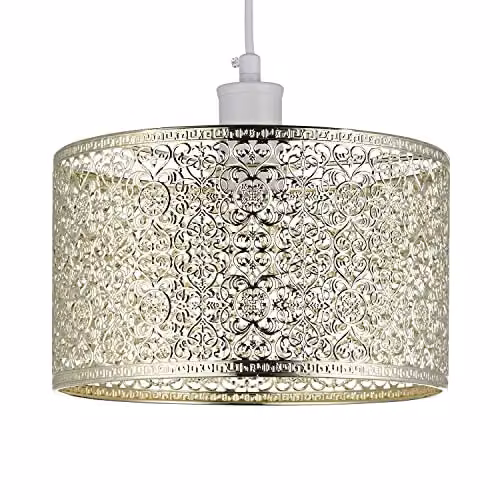 Happy Homewares Ornate Moroccan Style Gold Metal Circular Pendant Lamp Shade, W: 25 cm, H: 15 cm