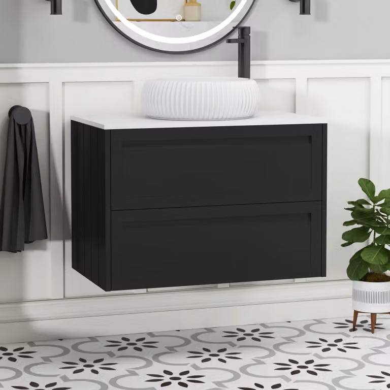 Royal Bathrooms Elmore 800mm Wall Hung Vanity Unit in Matt Nocturne Black with 2 Drawers and Plain White Worktop with Milan Basin