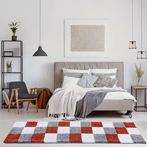 THE RUGS Modern Checked Shaggy Area Rug in Grey and Multicolour, W/D/H: 80 x 300 cm – 3