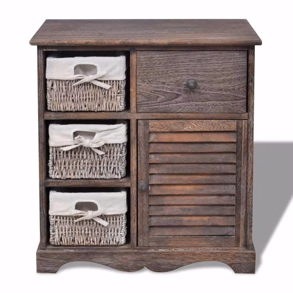 Berkfield Home Wooden Cabinet with 3 Left Weaving Baskets in Brown – 3