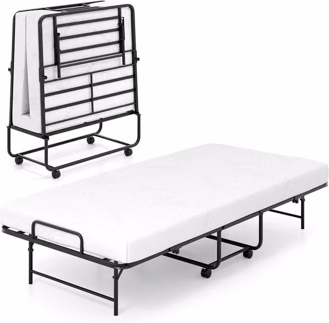 Costway Multicolour Folding Rollaway Guest Bed with Memory Foam Mattress and Wheels, W/D/H: 90 x 190 cm