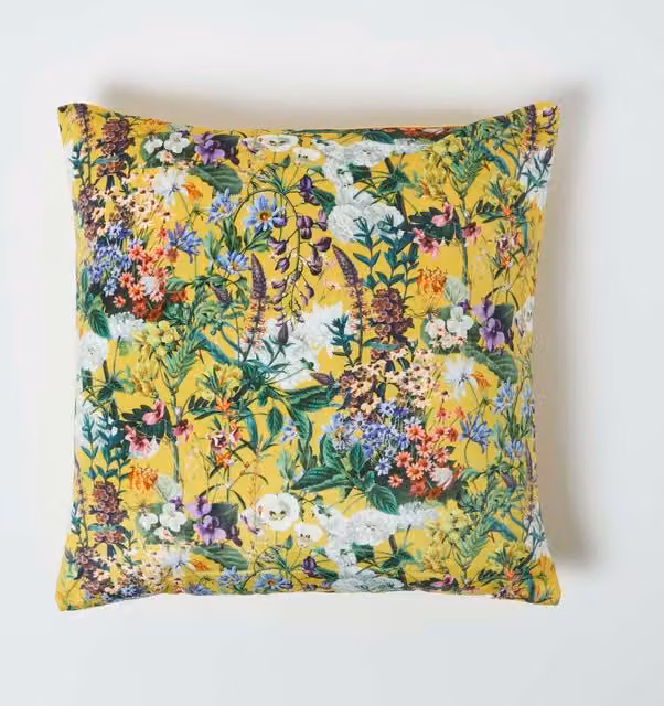Homescapes Floral Botanical Garden Yellow Velvet Cushion, W/D/H: 46 x 46 x 46 cm