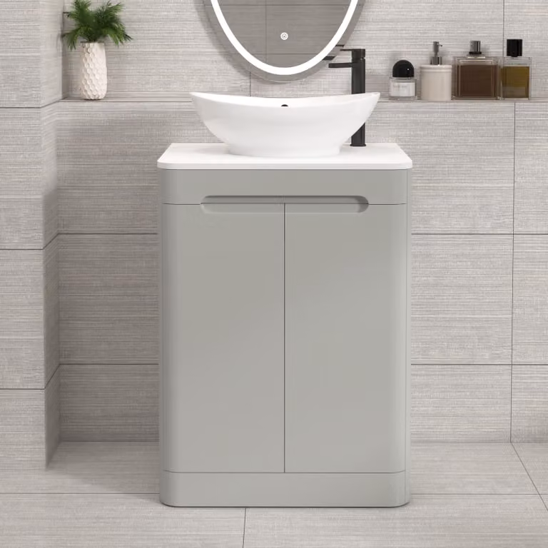 Royal Bathrooms Venice 600mm Floor Standing 2 Door Vanity Unit in Dove Grey with Plain White Worktop and Amaze Basin