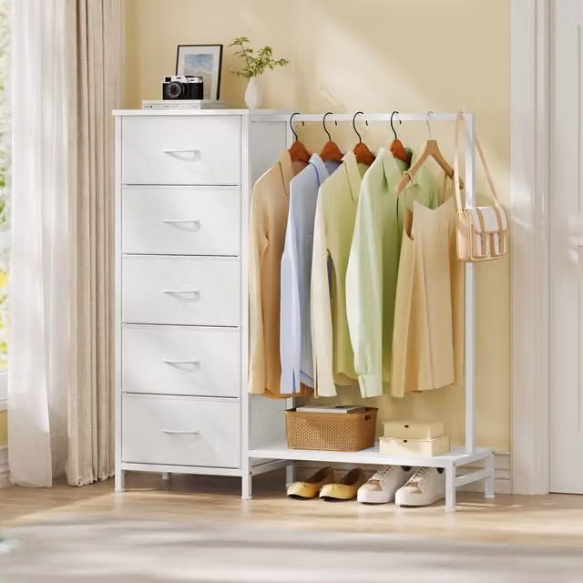 SONGMICS Freestanding Clothes Rack with 5 Fabric Drawers and Hanging Rail, White, W/D/H: 117.7 x 30 x 8.5 cm