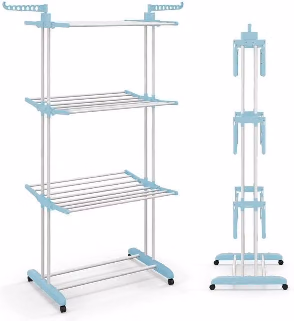 FORGEVIO Foldable Metal Clothes Drying Rack on Wheels in Silver – 1