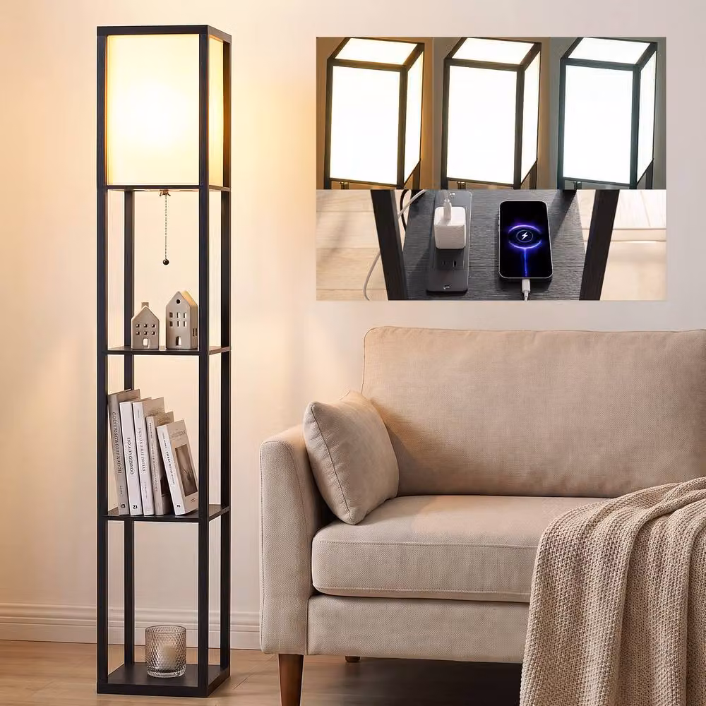 HOMCOM Modern Black Floor Lamp with 3-Tier Storage Shelves and E27 Bulb Socket – 10