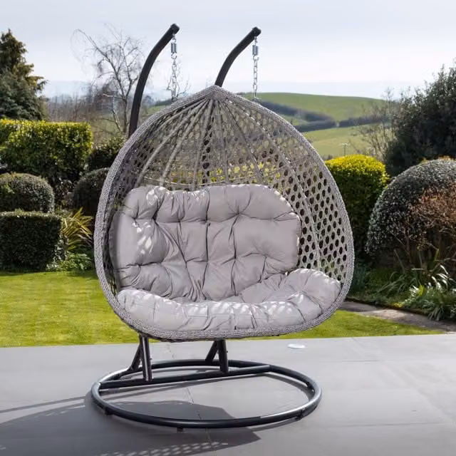 Artemis Home Modern Polyrattan Double Swing Egg Pod Chair in Grey with Weatherproof Microfibre Cushions