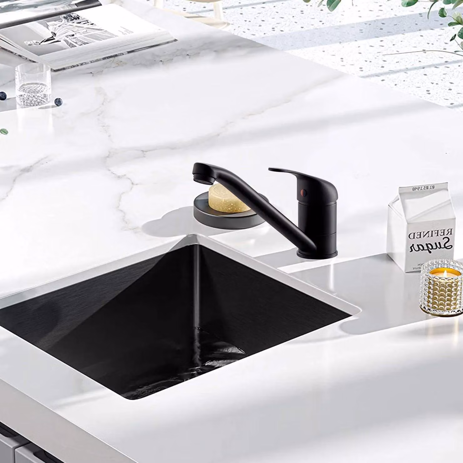 BATHWEST Matte Black Single Lever Kitchen Mixer Tap with 360 Swivel Spout in Brass – 2