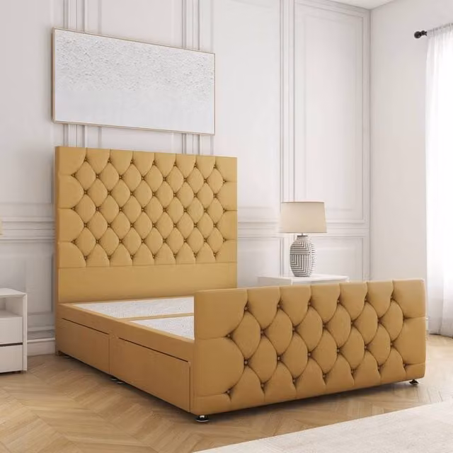 BSSPOKE Maya Velvet Divan Bed with 54 inch Headboard and 2 Drawers, Mustard Yellow, W/D/H: 180 x 200 cm