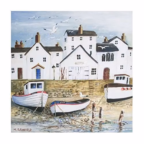Art For The Home Harbourside Seascape Printed Canvas Wall Art in Multicolour and White