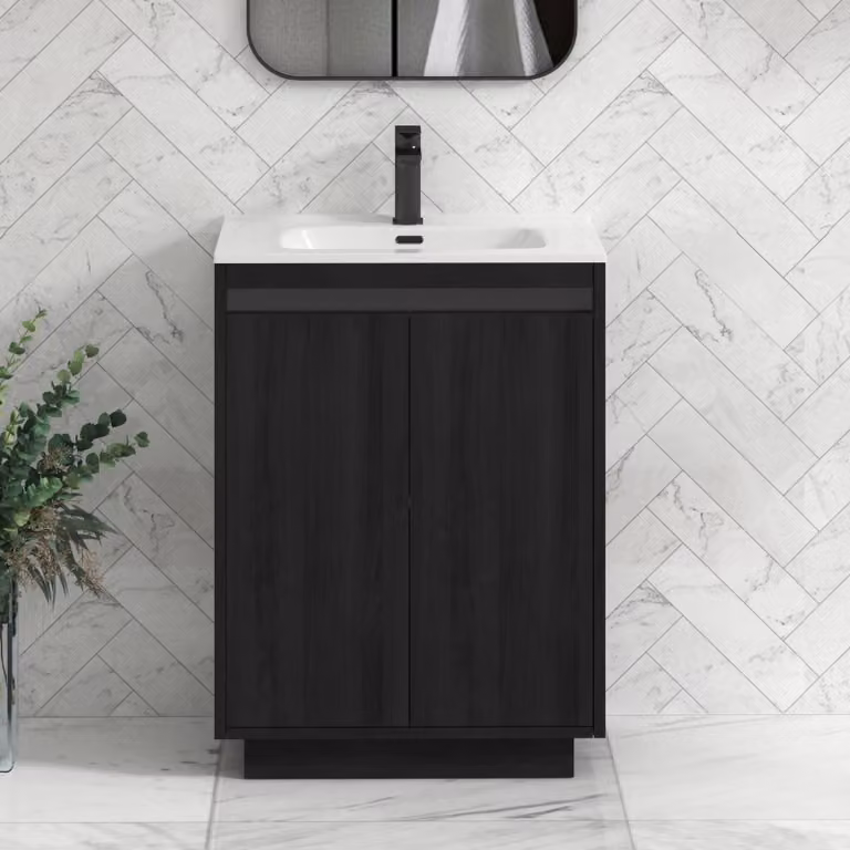 Royal Bathrooms Orion 600mm Floor Standing 2 Door Vanity Unit in Hale Black with Ceramic Basin and Black Accent Trim