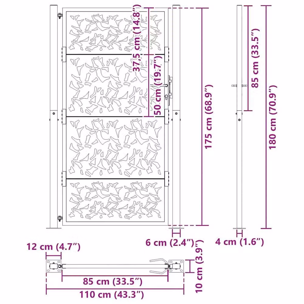 Berkfield Home Beautiful Garden Gate in Black Steel with Leaf Design, W: 105 cm, H: 180 cm – 6