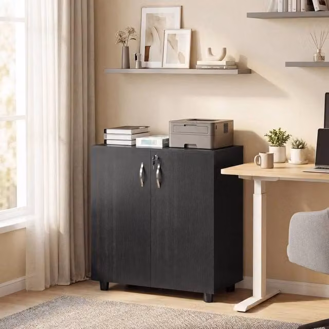 KORVIXA Black 2-Tier Locking Filing Cabinet with Adjustable Shelves and Hinged Doors, Height: 100 cm, Width: 80 cm, Depth: 40 cm