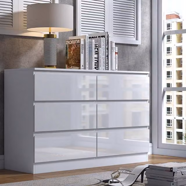 FWStyle Modern White Gloss 6 Drawer Chest of Drawers with Handleless Design