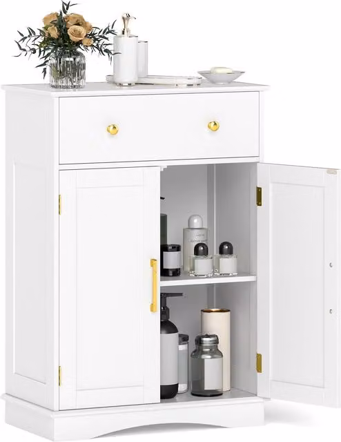 Gymax Freestanding White Bathroom Floor Cabinet with Drawer and Internal Shelves – 1