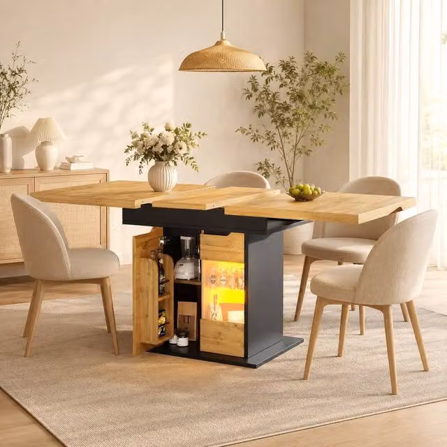 Merax Extendable Modern Rectangular Dining Table with LED Lighting and Storage in Brown and Sand