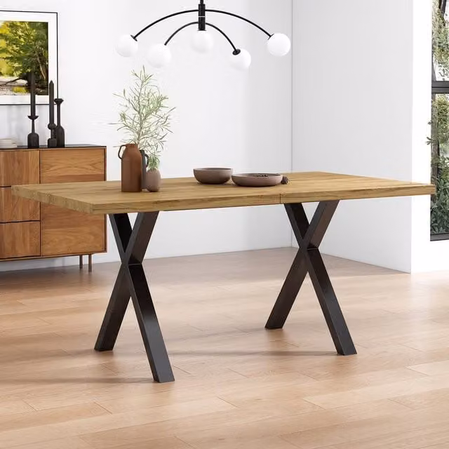Merax Oak and Black Rectangular Dining Table with X-Frame Legs, W: 140 cm, D: 80 cm