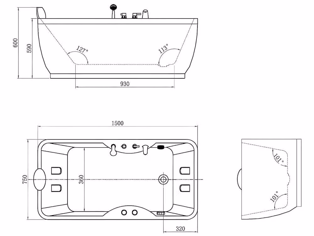 Vente-unique Black Whirlpool Bath, 1 Seater, Left-Handed, W/D/H: 150 x 75 x 54.5 cm – 4