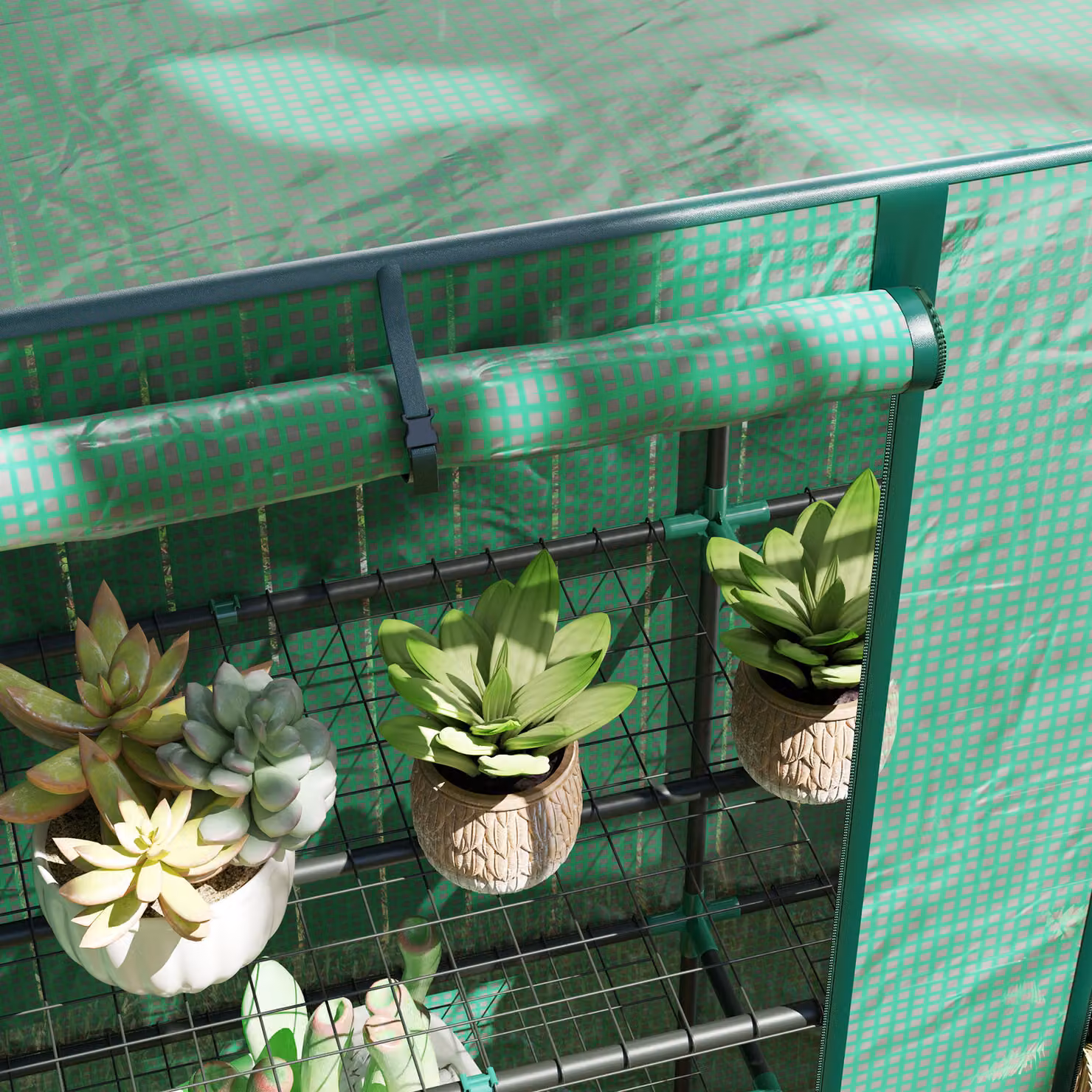 Outsunny Three-Tier Mini Lean-to Greenhouse with Shelving, Green, H 152 x W 144 x D 48 cm – 6