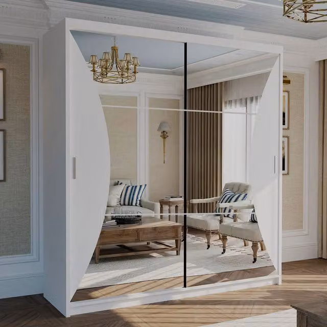 MN Furniture Canberra Sliding Wardrobe with Mirror and LED Lighting, White, W: 150 cm, H: 217 cm