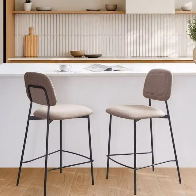 Wyld and Coco Set of 2 Modern Faux Linen Bar Stools in Beige with Black Metal Frame – 1