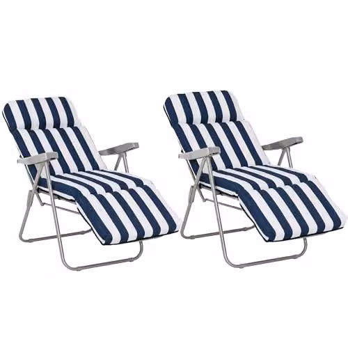 Outsunny Set of 2 Adjustable Reclining Garden Sun Loungers with Cushions in Blue – 1