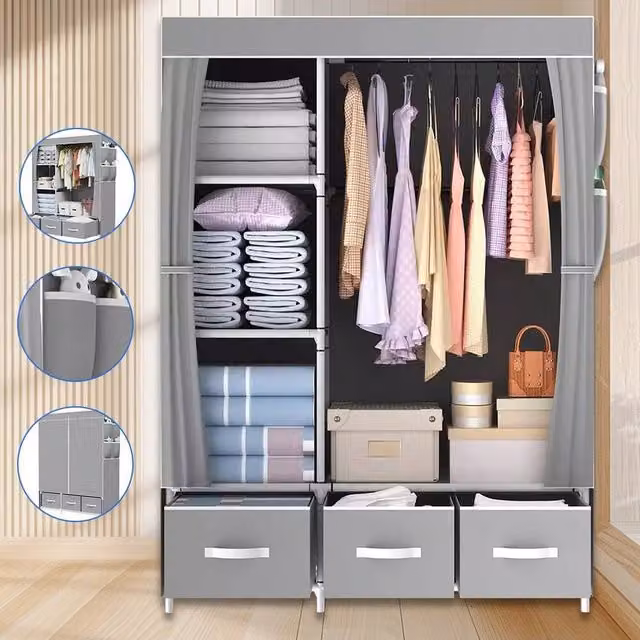 FLAVORA Grey Fabric Canvas Wardrobe with 3 Integrated Drawers, Height: 163 cm – 1