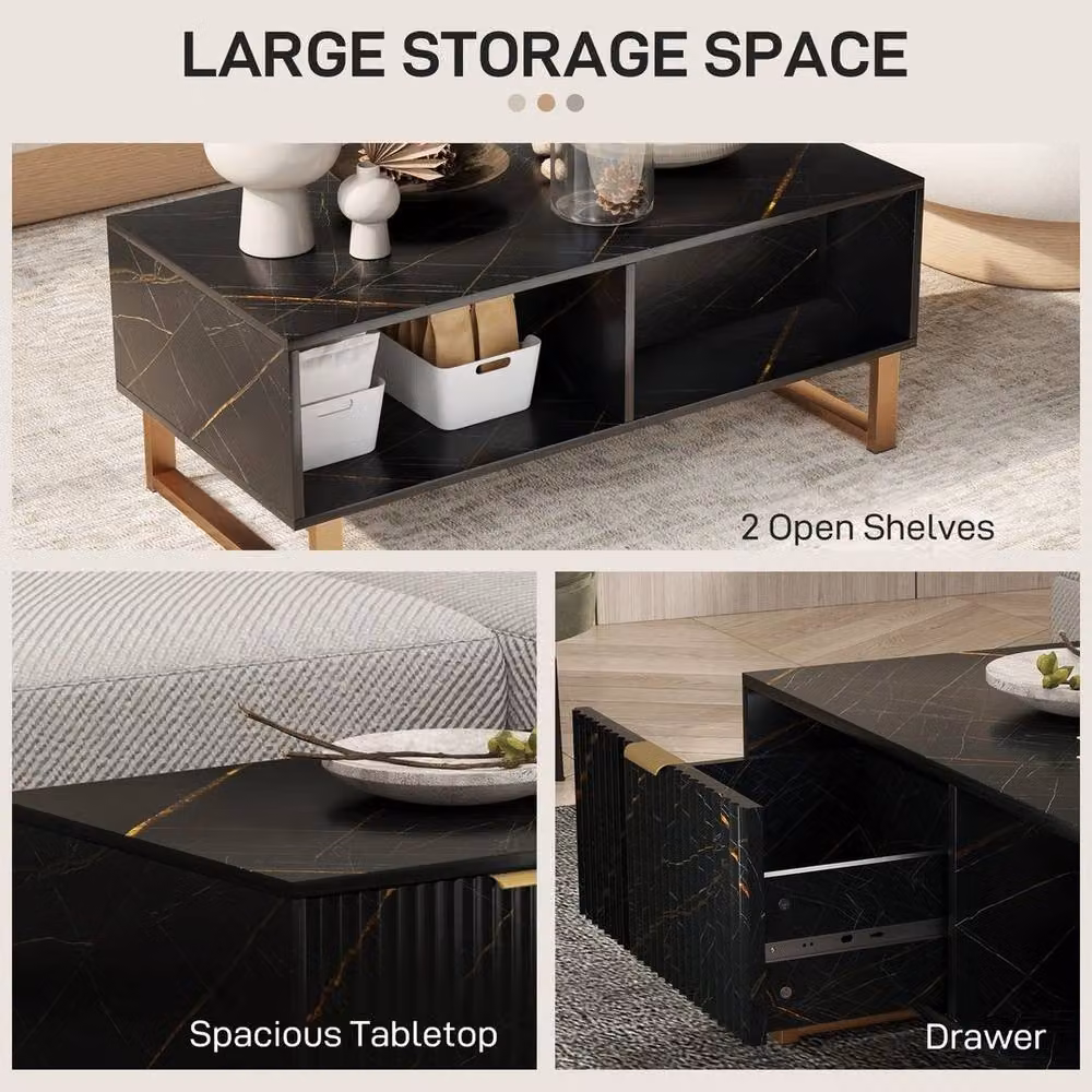 NESTLUNE Black and Gold Rectangular Coffee Table with Drawer and Open Shelves, W: 100 cm, D: 15 cm, H: 15 cm – 5