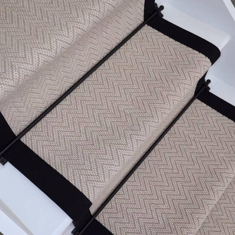 RainbowHome Savoy Herringbone Wool Stair Runner with Black Cotton Border in Beige, W: 55 cm, L: 700 cm – 2