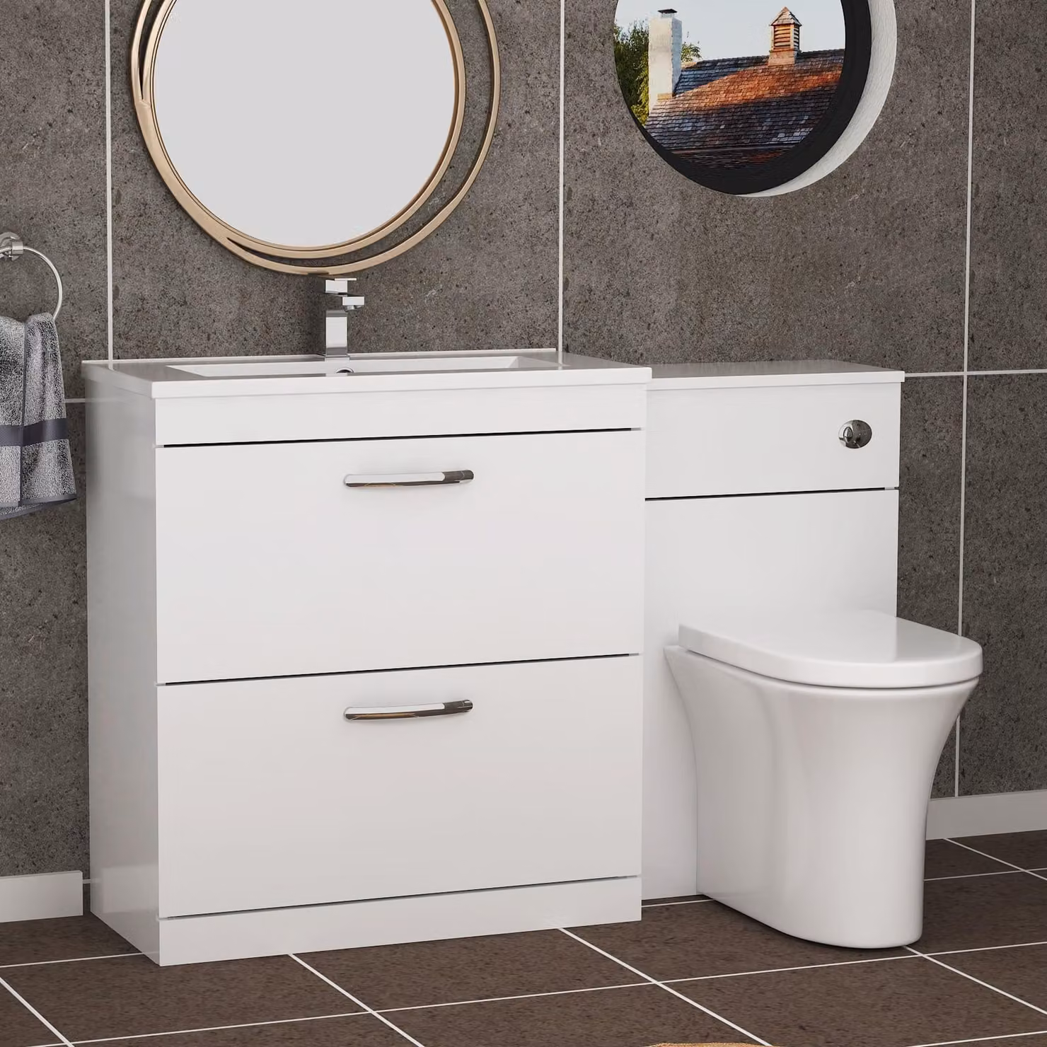 Royal Bathrooms Gloss White 2 Drawer Furniture Pack with Minimalist Basin and Breeze Back to Wall Toilet, W: 130 cm