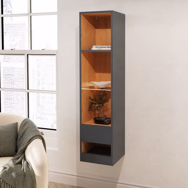 GFW Leon Tall Shelf Unit with Integrated LED Lighting in Anthracite Oak