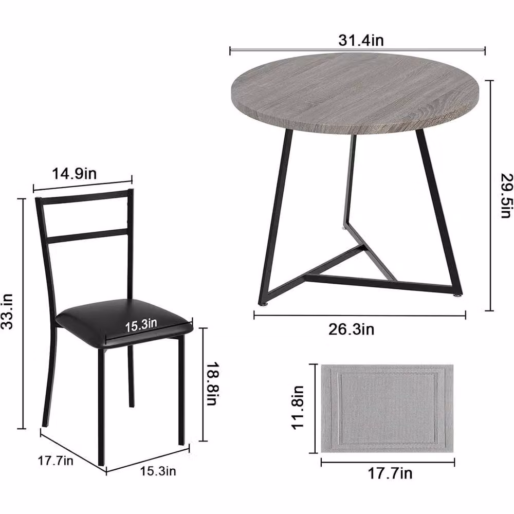 VOGREX Modern Round Dining Table and 2 Chairs Set in Black with Wood Top and Metal Legs, Diameter: 80 cm – 2